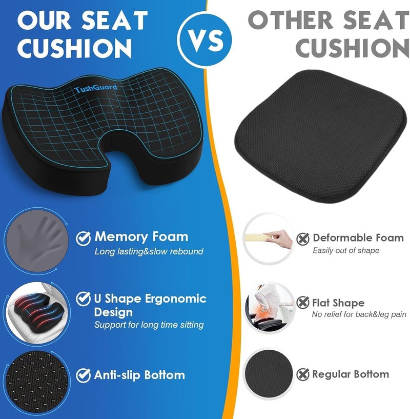 TushGuard Seat Cushion for Office Chair Memory Foam Non-Slip Desk Seat Cushion Back, Coccyx, Sciatica, Tailbone Pain Relief Butt Pillow for Office Chair, Car, Wheelchair, Black - Image 4